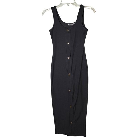 PrettyLittleThing Dress Womens US 0 Black Ribbed Button Front Bodycon Midi Tank - Picture 2 of 11